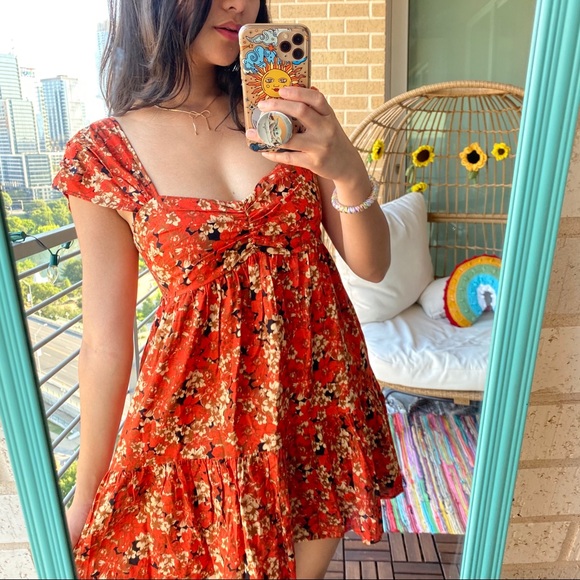 Free People Orange Ruffle Floral Linen Blend Dress - Picture 2 of 4